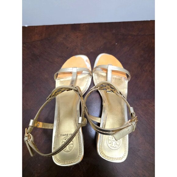 Tory Burch Gold Metallic Espadrille Block Pump Sandals W/ Logo Accent Size 8 - Picture 5 of 11